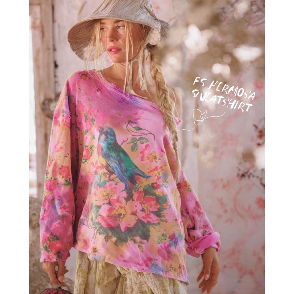 Magnolia Pearl RARE Songbird Floral Sweatshirt Purple Tie Dye Bird Distressed - Picture 3 of 16